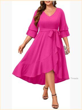 Plus Size V-Neck Double Bell Sleeve High Low Ruffle Cocktail Dress with Belt